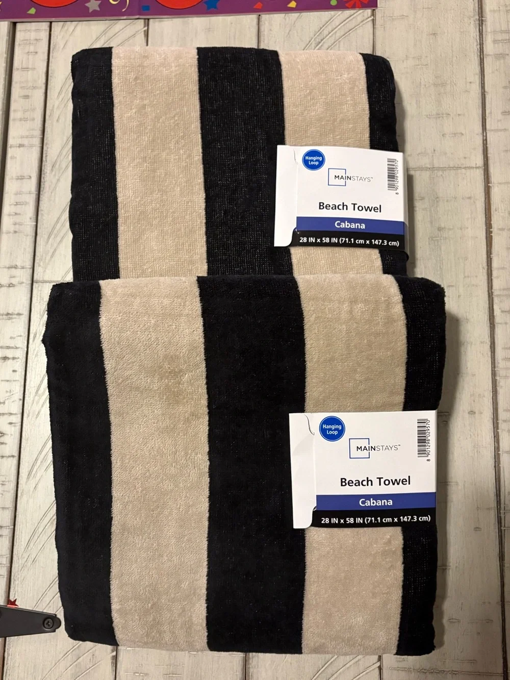 2-Mainstays Cabana Striped Cotton Beach Towel w/ Hanging Loop Black / Tan 28x58